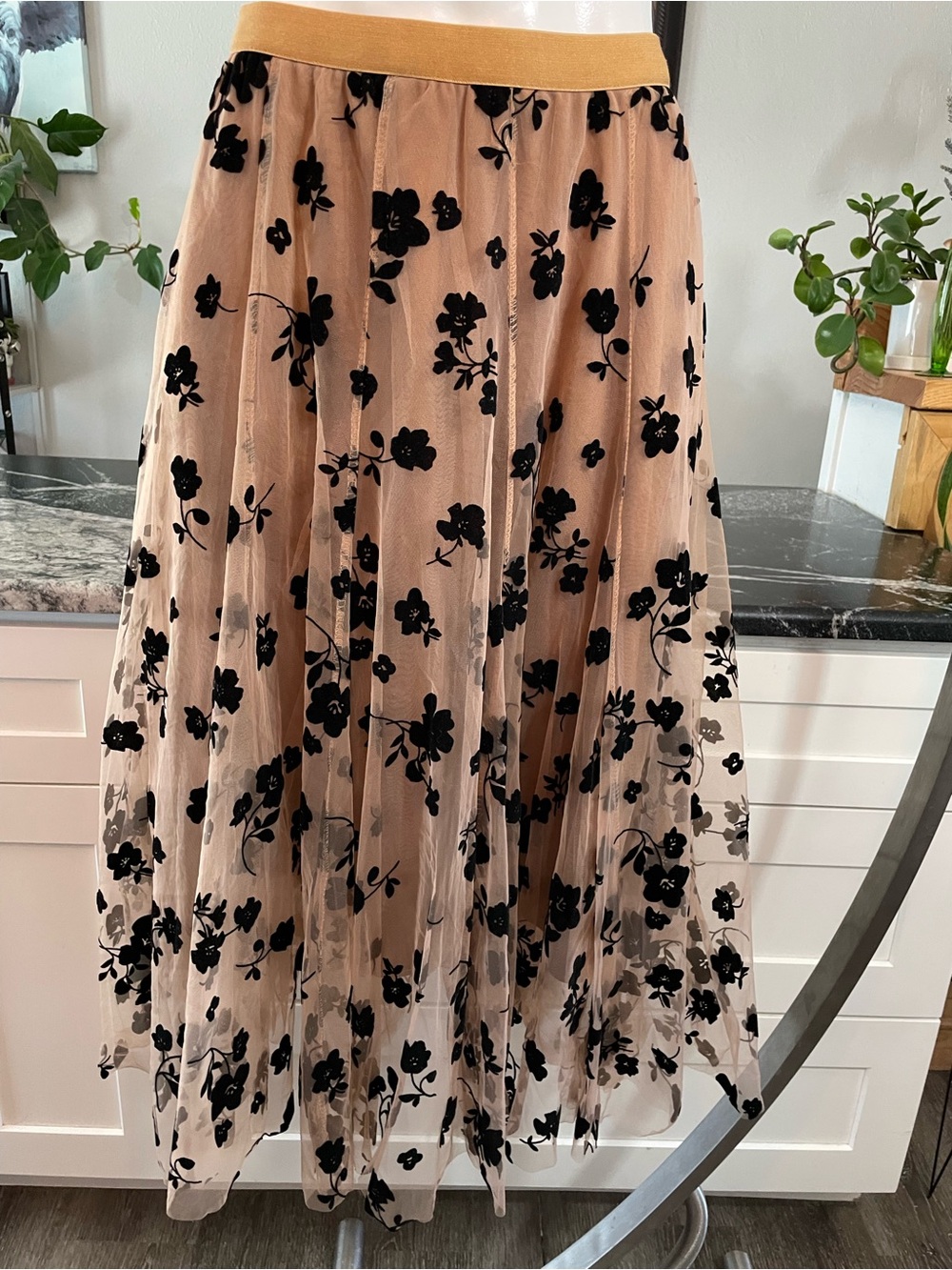 Chicwish Nude Mesh Maxi Skirt with Black Floral Appliqué
